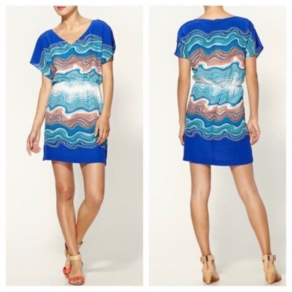 Trina Turk Blue Silk Agate‎ Caspian Swirl Wave Dress